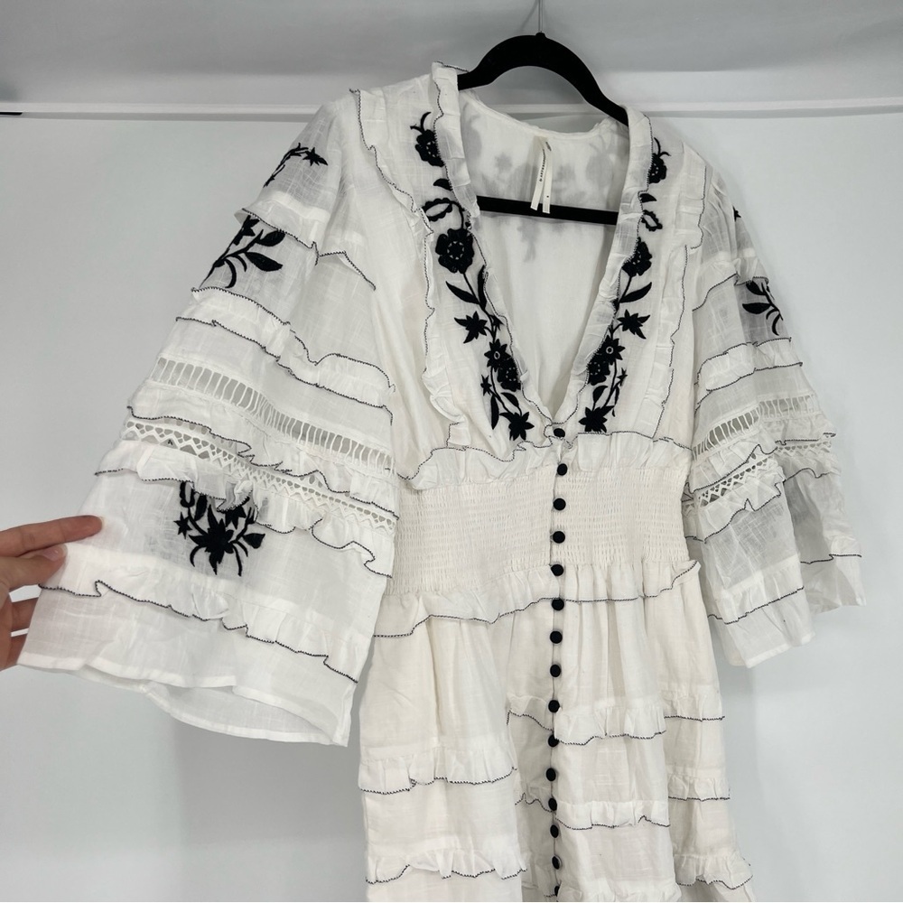 Anthropologie White Black Floral Lace Ruffled Button Down Bohemian Mini Dress S - Picture 2 of 7